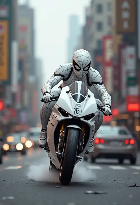 White Spiderman is riding a white sport bike with profit symbol,speeding down the street , city street background, vehicles running , realistic image ,HD quality,camera full 