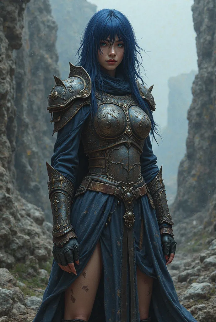 Longitudinal, dark , Blue-haired,  Warrior , with a body that is not very large, Micah