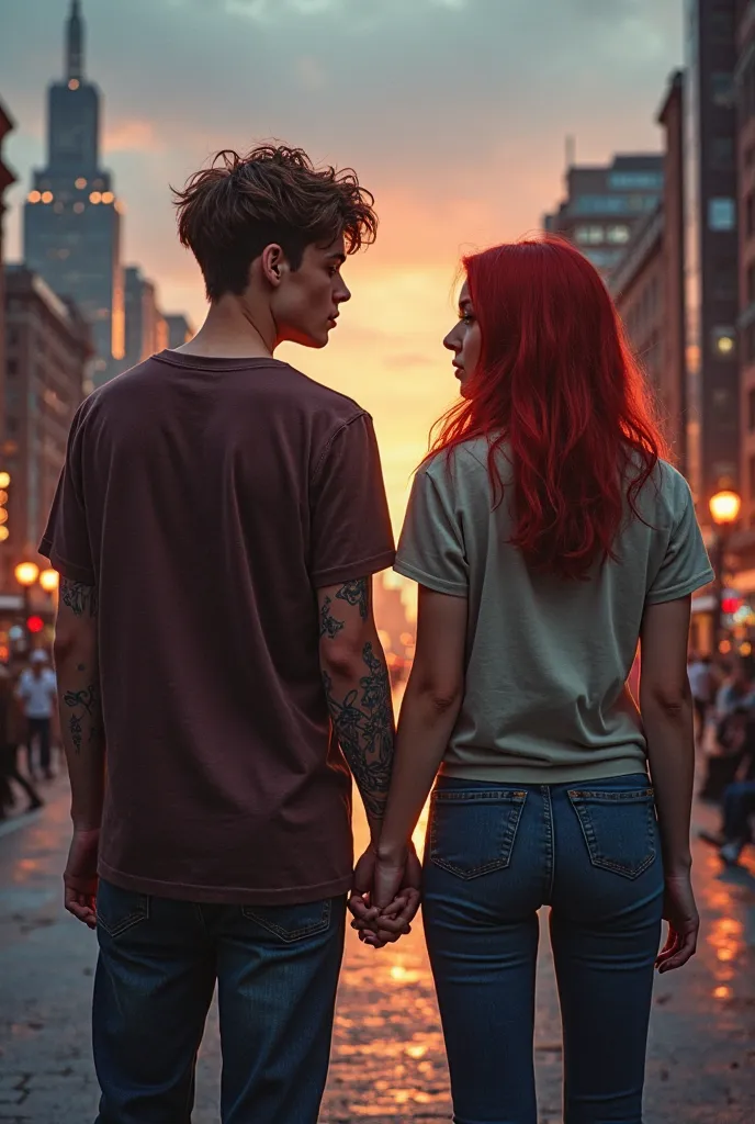 Book cover to print genre Young Adult style designed by Ella and Tom holding hands from behind, with the Manchester skyline in the background. They are between 18 and 20 years old,
Ella: dyed red hair, brown eyes, tattoos on arms,  hoop earrings, piercing ...