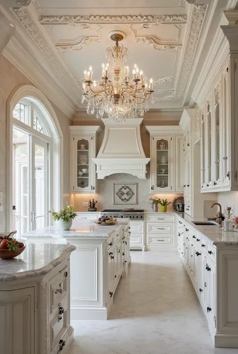 A luxurious, immensely classic kitchen with richly detailed white cabinets, marble countertops and a large crystal chandelier illuminating the space. The ceiling features ornate, frames and glass doors let in natural light

.