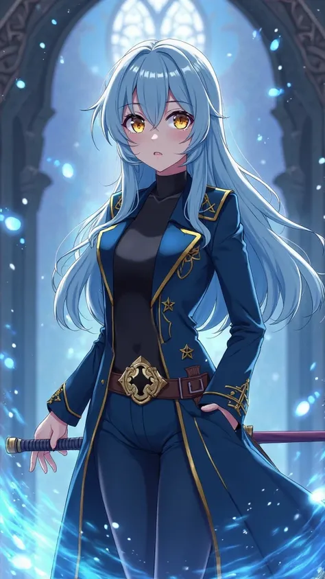 A 15-year-old  from an anime with silvery-blue hair and shiny gold eyes.  It has a serene expression , most powerful,  transmitting intelligence and calm . Her attire includes a long dark blue coat with gold details, a black turtleneck blouse and matching ...