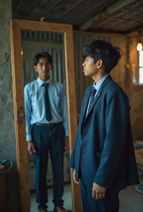 An Nepali white tone male student in 12th grade, standing indoors in front of a tall mirror, wearing a neat college uniform of dark blue trousers and a light blue button-down shirt and tie with blue coat . He is looking at his reflection with a thoughtful ...