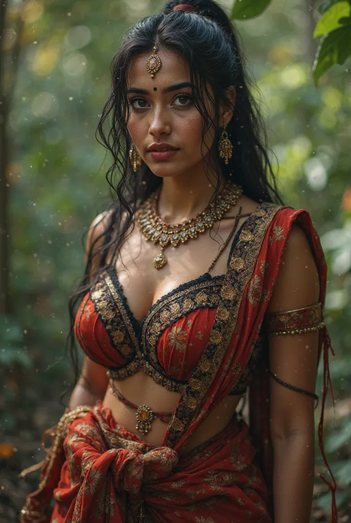  Beautiful cute wet woman, with thick thighs and a curvy waist, wearing a beautiful Indian dress, ((low waist)), (tied wet hair)), (( beautiful Indian dress)) , bindi on forehead, highly detailed, depth of field, cinematic lighting, intricate, ((26yo, gorg...