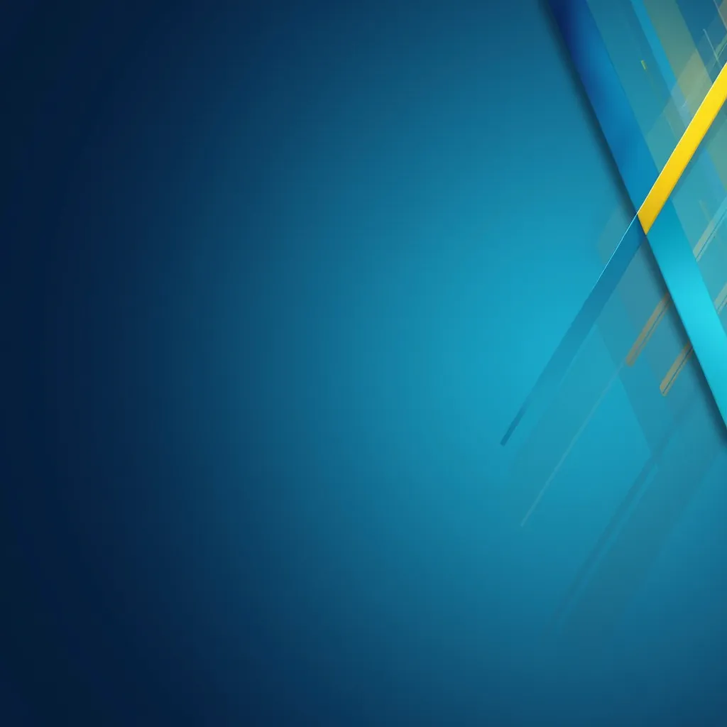 Generate an abstract background image with a gradient from dark blue to light blue, with the light coming from the center. on the right side, add overlapping diagonal stripes in blue and yellow, with a soft shadow effect to give depth. The stripes must be ...