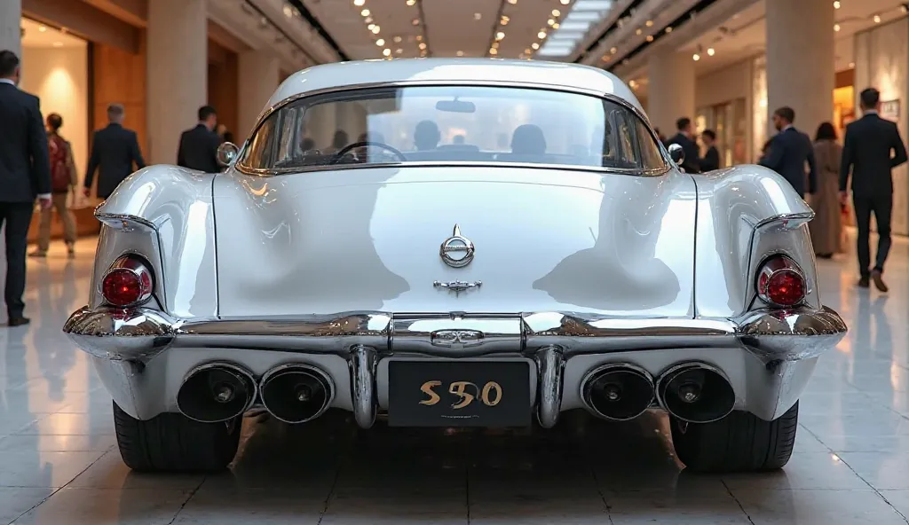 "A sleek, futuristic 1954 Chevrolet Impala   Volvo S90 car with a glossy white finish, seen from the back side view. The car has an aggressive and aerodynamic design with sharp, angled LED headlights and a large, bold ney grille and  licence plate number c...