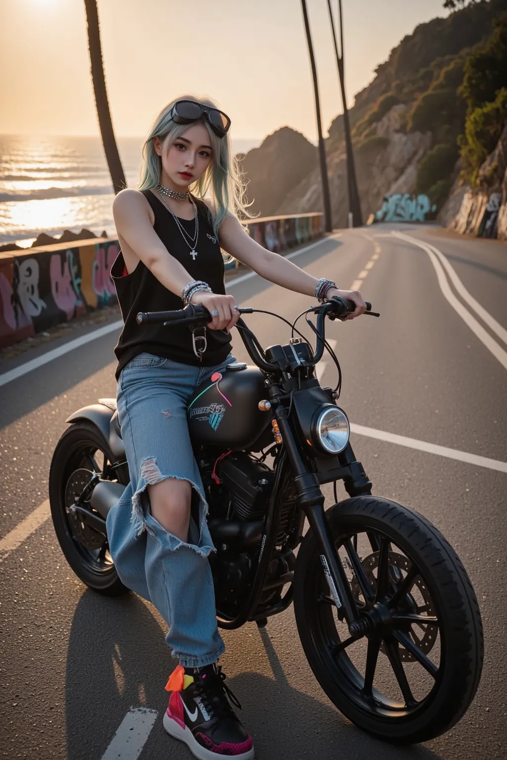 A stunning, rebellious woman riding a custom chopper-style Harley-Davidson along a rugged coastal road at sunset. The motorcycle features an elongated fork, a low-slung frame, and a matte black finish with neon-colored accent lines glowing subtly along the...