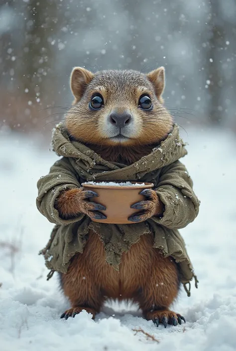 Groundhog，holding a bowl，standing on the snow，Wearing torn clothes（Similar to Beggar Outfit），big eyes，Small nose，high quality， details，Texture，cinematic atmosphere