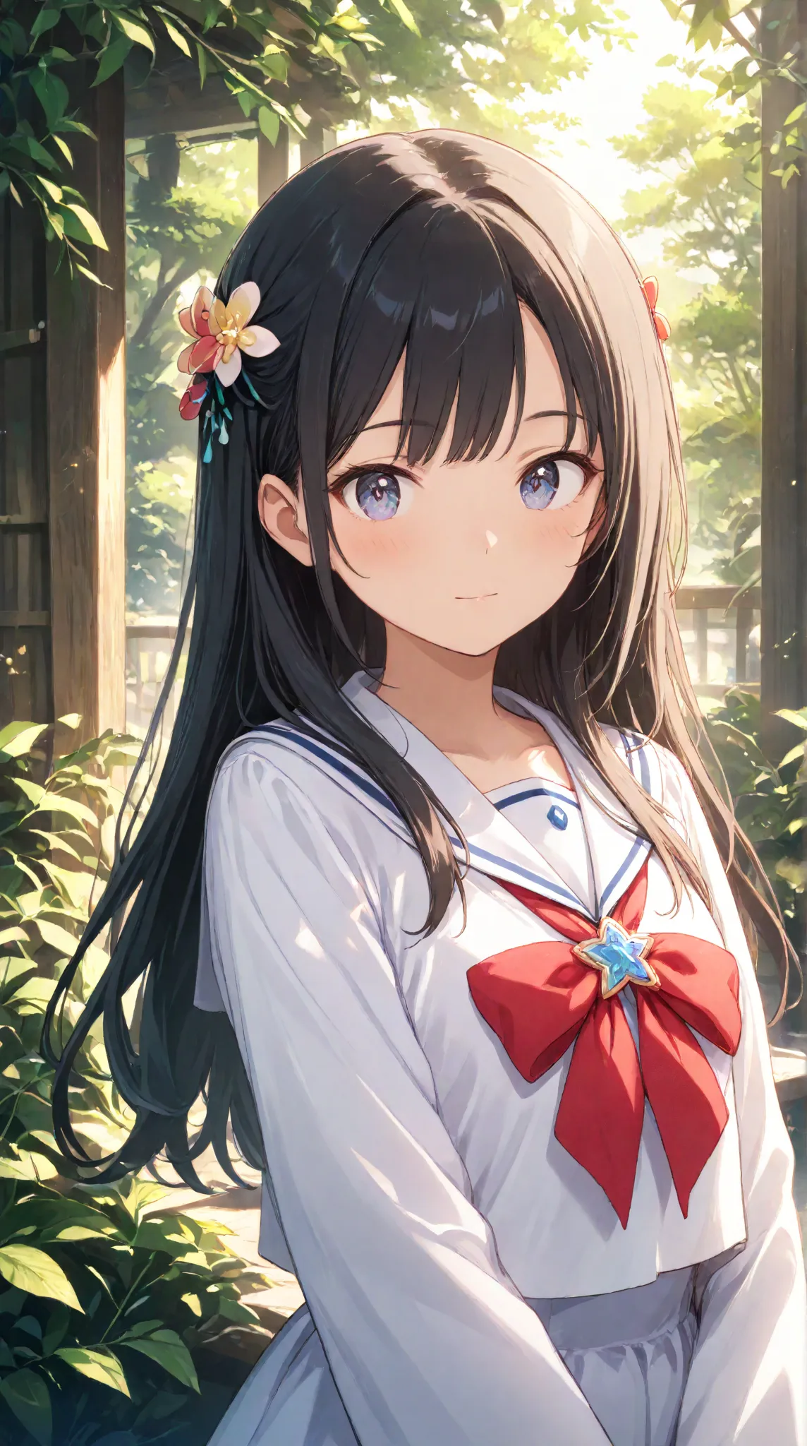 masterpiece,large breasts, long hair, (Black Hair 1.5) , bangs, （1 girl 1.5）,big eyes, Hair Ornaments , 18 years old、Bust Focus、viewer，full body,,cheerful, sailor suit