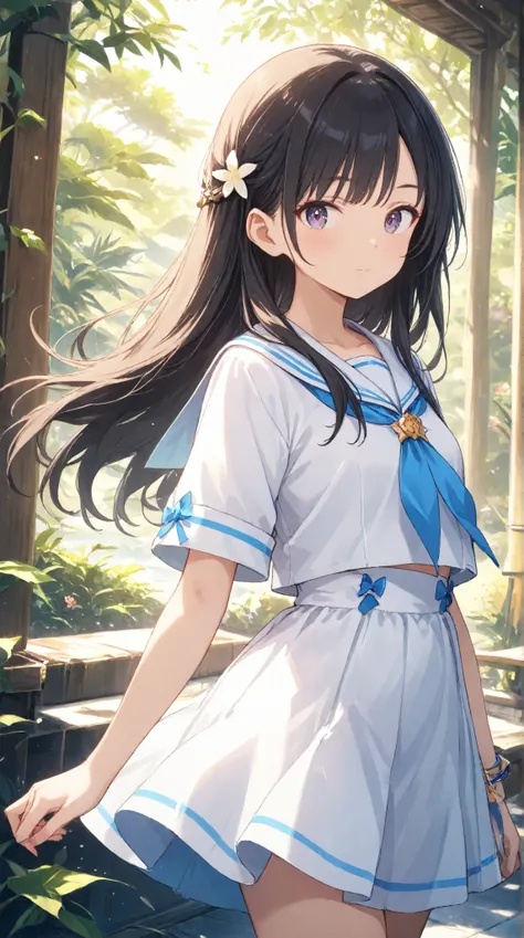 masterpiece,large breasts, long hair, (Black Hair 1.5) , bangs, （1 girl 1.5）,big eyes, Hair Ornaments , 18 years old、Bust Focus、viewer，full body,,cheerful, sailor suit