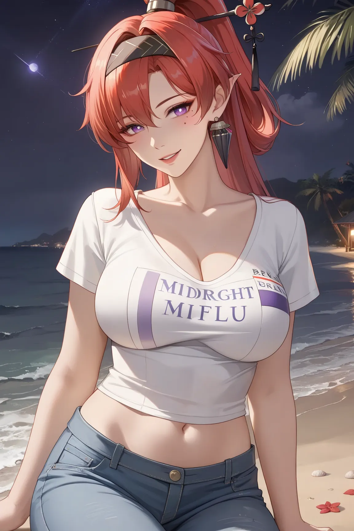 (((cowboy shot, cinematic lighting, midnight, night, dark))), 
BREAK, 
((Yinlin, red hair, mole under eye, purple eyes, hair stick, hair ornament)), 
BREAK, 
(t-shirt, navel, short jeans, beach), 1girl, 
BREAK, 
((((hourglass body, model figure, milf)))), ...