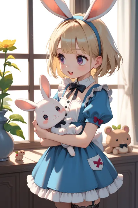 chibi anime , Alice in Wonderland , petit girl , round face , loli frill skirt , black garter ring , (heart is beating fast:0.8) , Rodents tooth , bold action , out of frame , looking away , coquettish , stuffed rabbit , curtsey , At the window , twilight