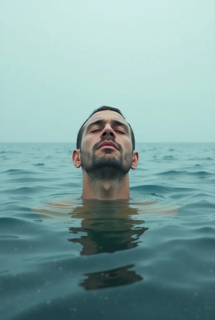 Face of a man facing the sky floating in the sea