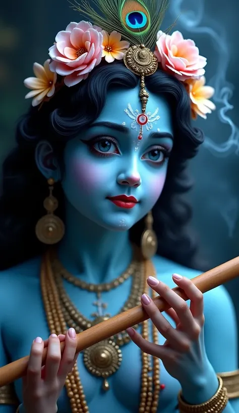 The image is a portrait of the Hindu deity Krishna, also known as Lord Krishna. He is depicted as a young woman with dark hair and blue eyes, wearing a crown of flowers and a peacock feather on her head. Her face is painted with a blue and white color sche...