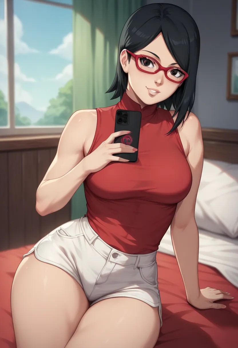 Sarado Uchiha short black hair black eyes red glasses medium tits red sleeveless blouse sarado abdomen thick thighs white shorts inside the bedroom with cell phone in hand sexy