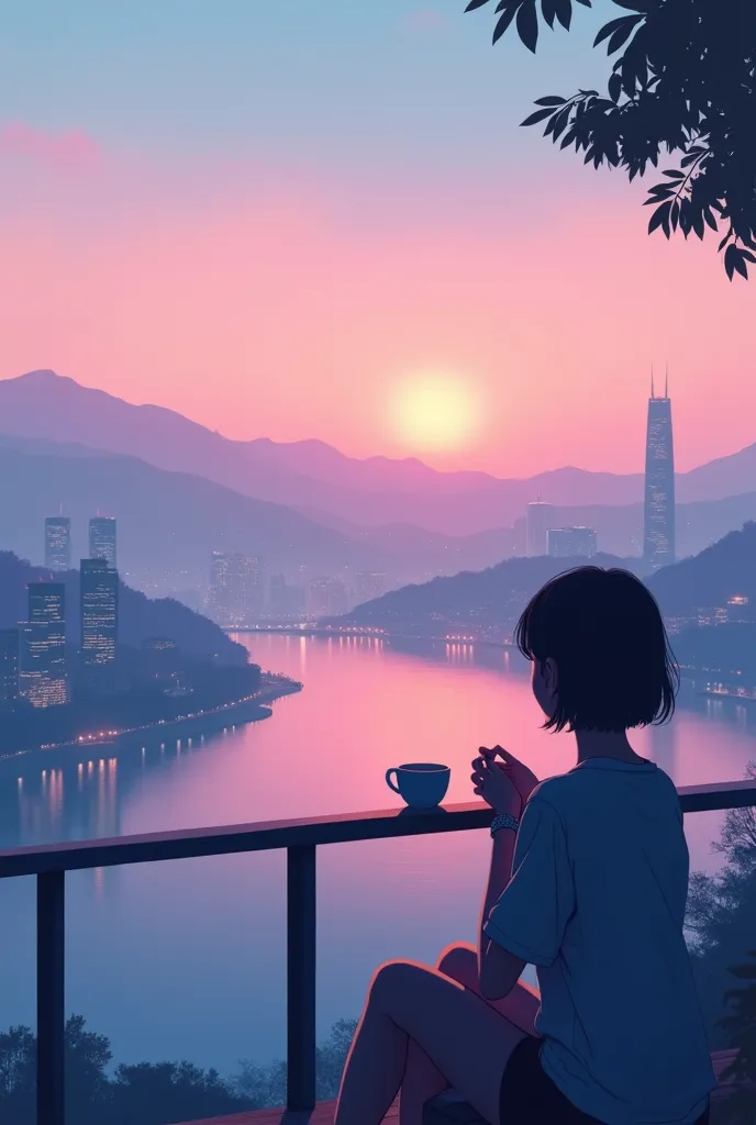 A relaxing and aesthetic illustration of a minimalist cityscape at dusk. The sky has pastel tones with a mix of pink, orange and soft blue. You can see faint neon lights reflecting in the water, with a silhouette of mountains in the background. in the fore...