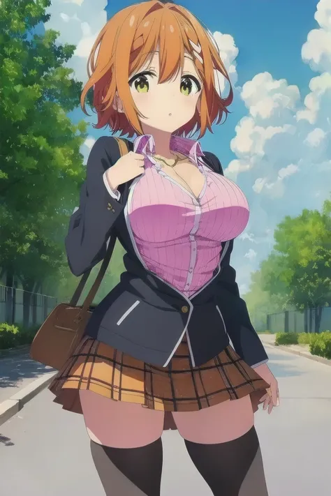 Koiwai Yoshino ,(masterpiece, best quality:1.2),2D, anime,  Anime art,  line art  , watercolor,loli, 1 girl , (orange hair), chest, (large breasts),jacket,plaid,(school uniform),(short hair),skirt,Alone,thighhighs