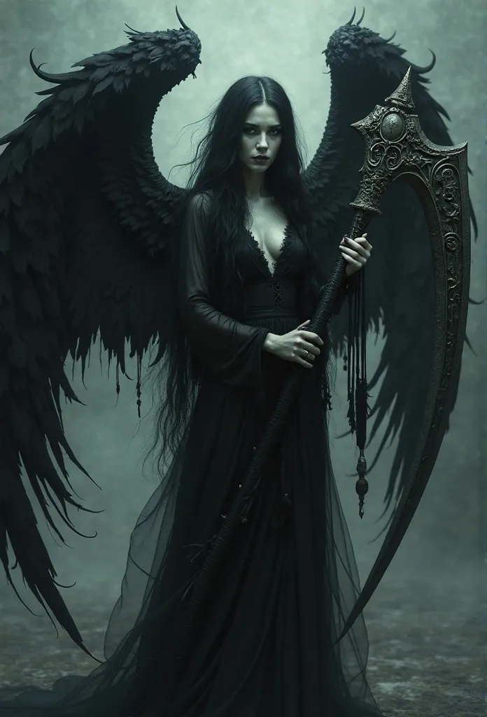 "A hauntingly beautiful Angel of Death stands in a dark, ethereal void, her presence both mesmerizing and terrifying. She wears a flowing black gown that moves like liquid shadow, its edges dissolving into mist. Her pale skin contrasts sharply with the dar...