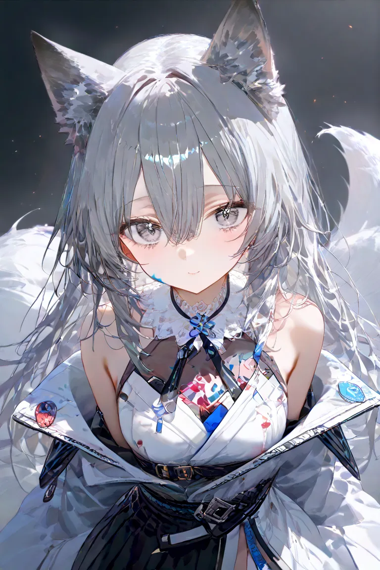 fox girl, fox ears, fox teils, grey hair, long hair, hair between eyes, Bangs Tail, long coat, half skirt, bloodstained, Japanese sword, 1girl, central, parka, off shoulder, beautiful eye,(grey eye:1.5),(blue eye:1.3) HD, high resolution, UHD, top quality,...