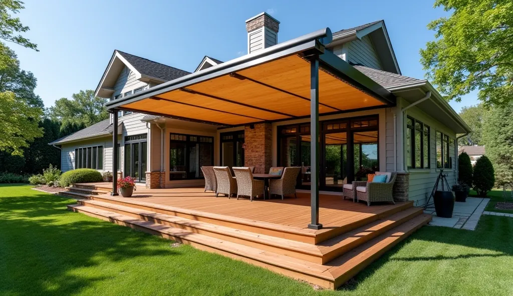 A wide-angle image of a modern home featuring a large custom-built composite deck with a pergola-style awning. The deck is surrounded by a well-maintained garden, and the awning is shown partially extended, demonstrating its flexibility in providing shade....