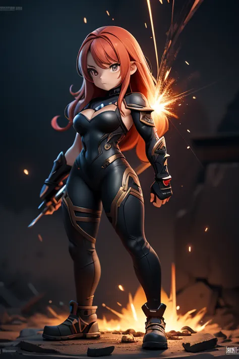 4K anime style quality, digital drawing mode, a strong and determined goddess with long crimson hair, wearing a blacksmith’s tight-fitting outfit, standing inside a grand forge with molten metal and sparks flying, full body, focused and powerful stance, ci...