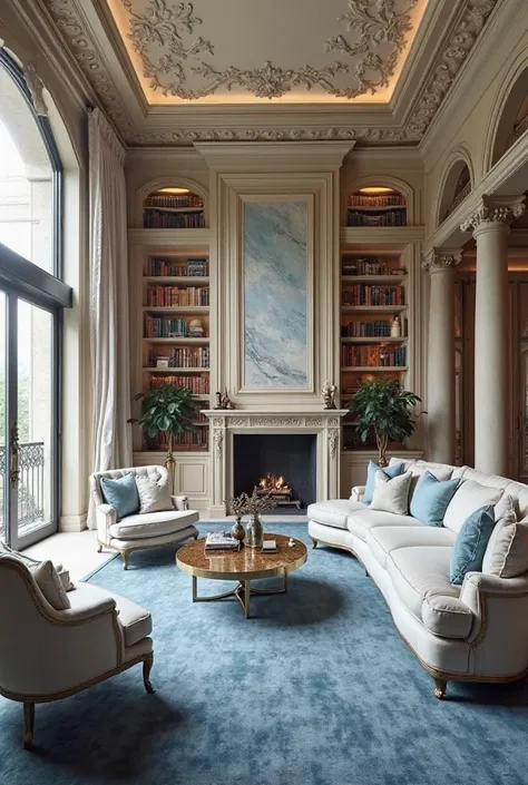 A HUGE luxurious living room, decorated with sofas and armchairs upholstered in light tones, a sophisticated blue carpet and an elegant fireplace. The architecture of the environment includes columns, detailed ceiling frames and built-in shelves filled wit...