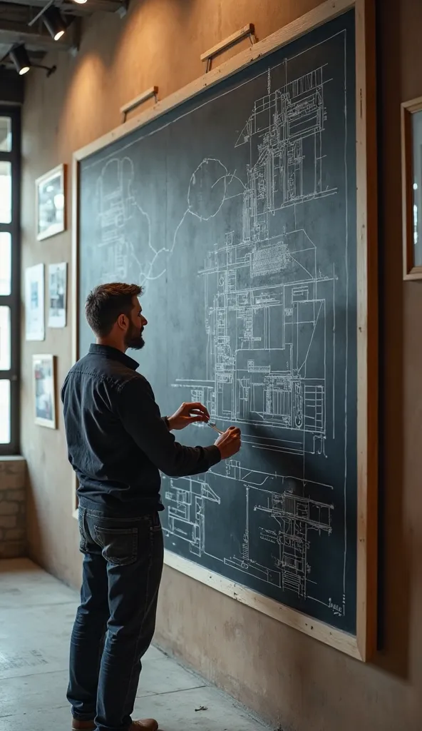 a man architect draws a project on a blackboard 