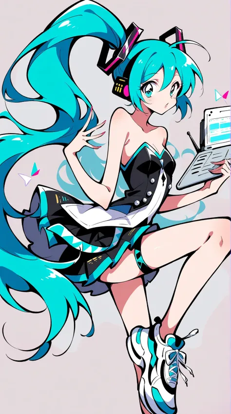 (has the best quality, sketch:1.2),practical, illustration designer  ,cunning，1 girl,   Hatsune Miku  ， delicate lips , hand， strapless， Neon long hair  ,  high ponytail green  ， skirt， Put your foot on the sound，sneakers。 masterpiece,  This style is very ...