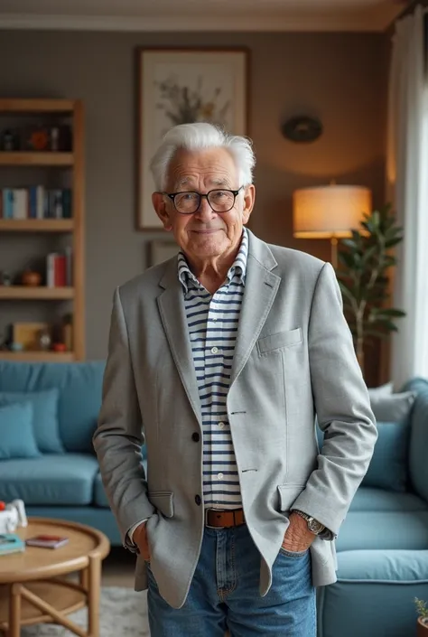 "A cheerful old man with white hairs  and light skin is standing,  wearing glasses and a stylish light gray blazer over a striped shirt,She looks at the camera, with very shocked expressions The background is a cozy, well-decorated living room with a soft ...