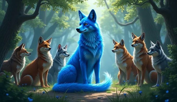 A council of animals assisting the jackal(the jackal color is shinning blue) in ruling the forest.