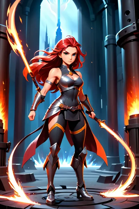 4K anime style quality, digital drawing mode, a strong and determined goddess with long crimson hair, wearing a blacksmith’s tight-fitting outfit, standing inside a grand forge with molten metal and sparks flying, full body, focused and powerful stance, ci...