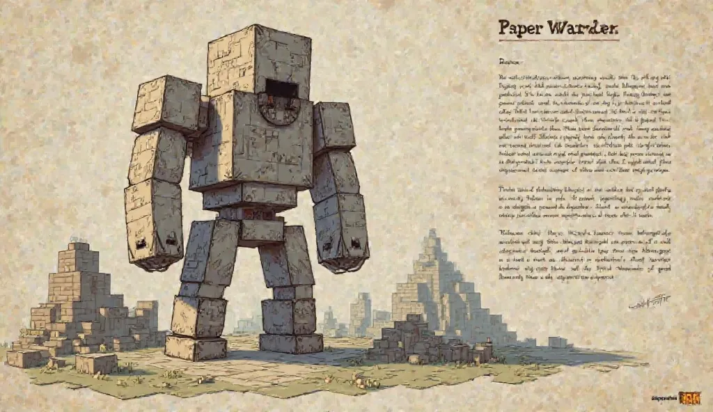 make the image of the paper warden from the minecraft next to the text "How to make a paper warden" in the style of minecraft next to the warden and the background in the style of minecraft