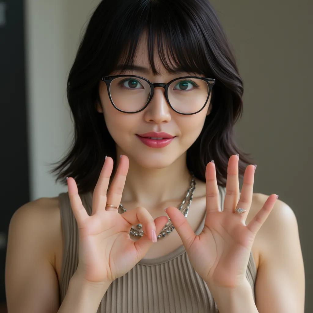 A beautiful Japanese actress with long black hair expresses the size of 1 mm with her hands with a questioning expression.　She is wearing fashionable glasses. Big breasts. wearing a tanktop.