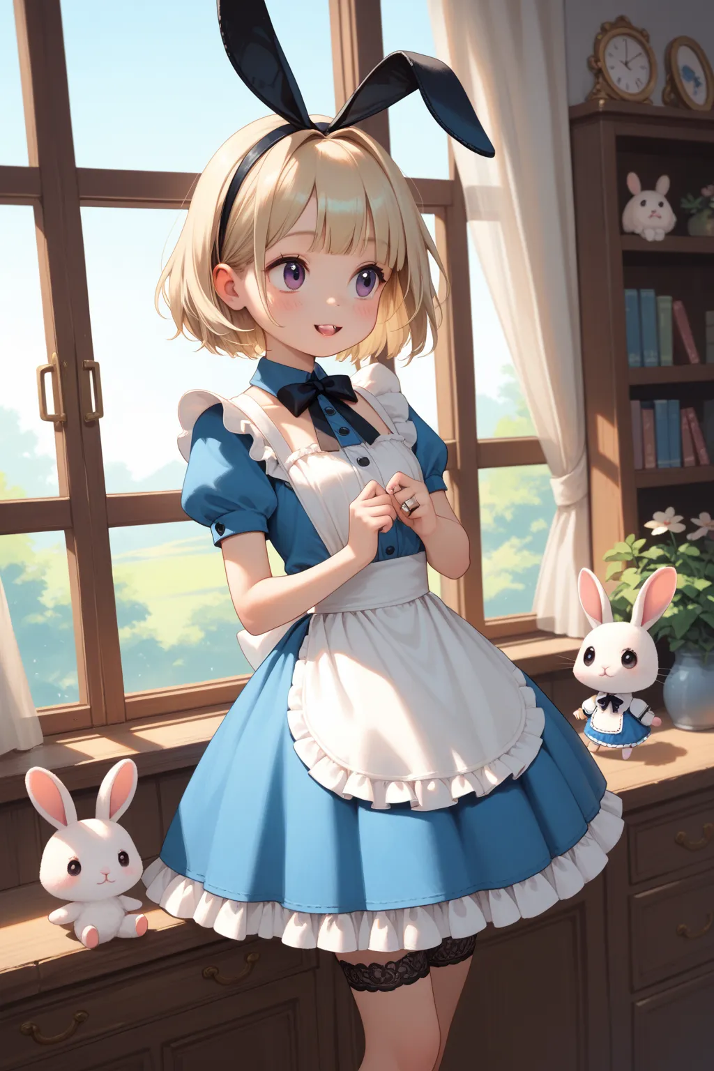 chibi anime , Alice in Wonderland , petit girl , round face , loli frill skirt , black garter ring , (heart is beating fast:0.1) , (Rodents tooth) , bold action , out of frame , looking away , coquettish , stuffed rabbit , curtsey , At the window , twiligh...