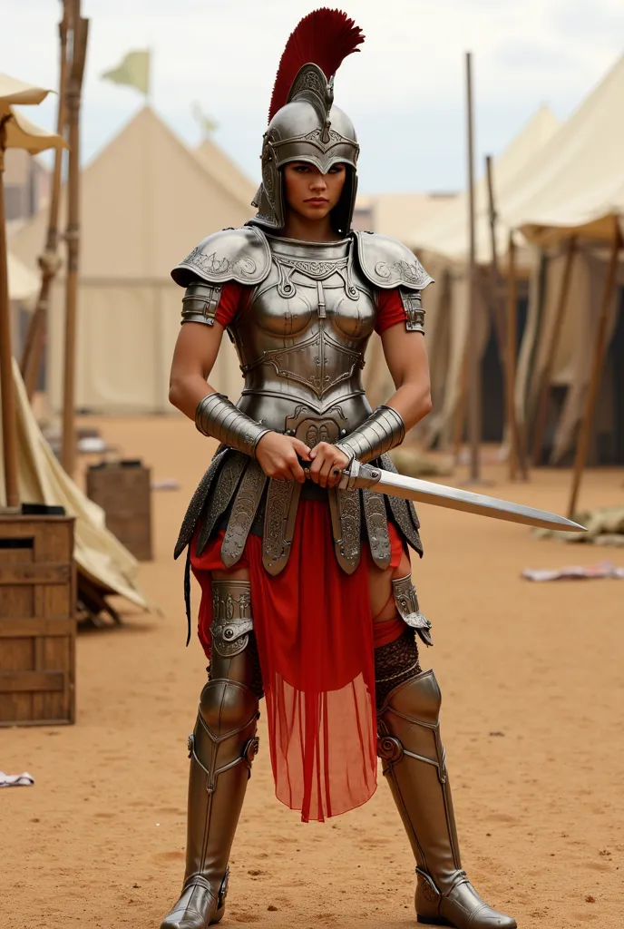 score_9, zendaya,  1 girl, warrior, medieval armor over a red shirt and Roman skirt, military boots, feather helmet, sword in hand,  desert, medieval military camp