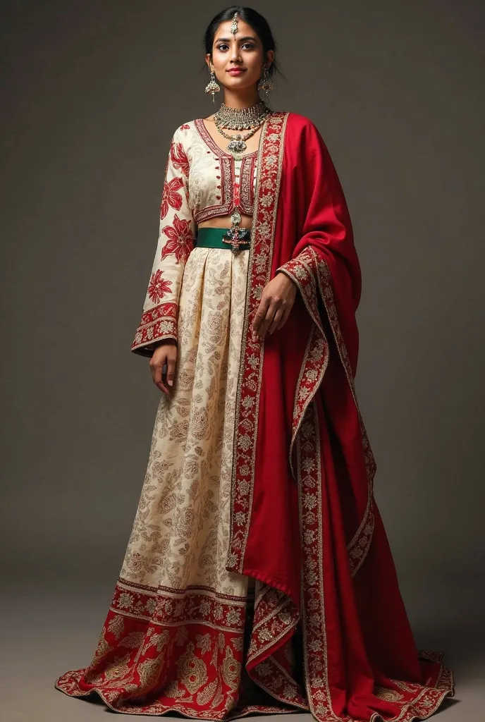 Create an outfit inspired by Prithvi Narayan Shah’s traditional attire with modern elements. The dress should feature a **Dhaka fabric border** for a cultural touch. On the **right chest**, place the **Nepalese flag** as a symbol of patriotism. The **sleev...