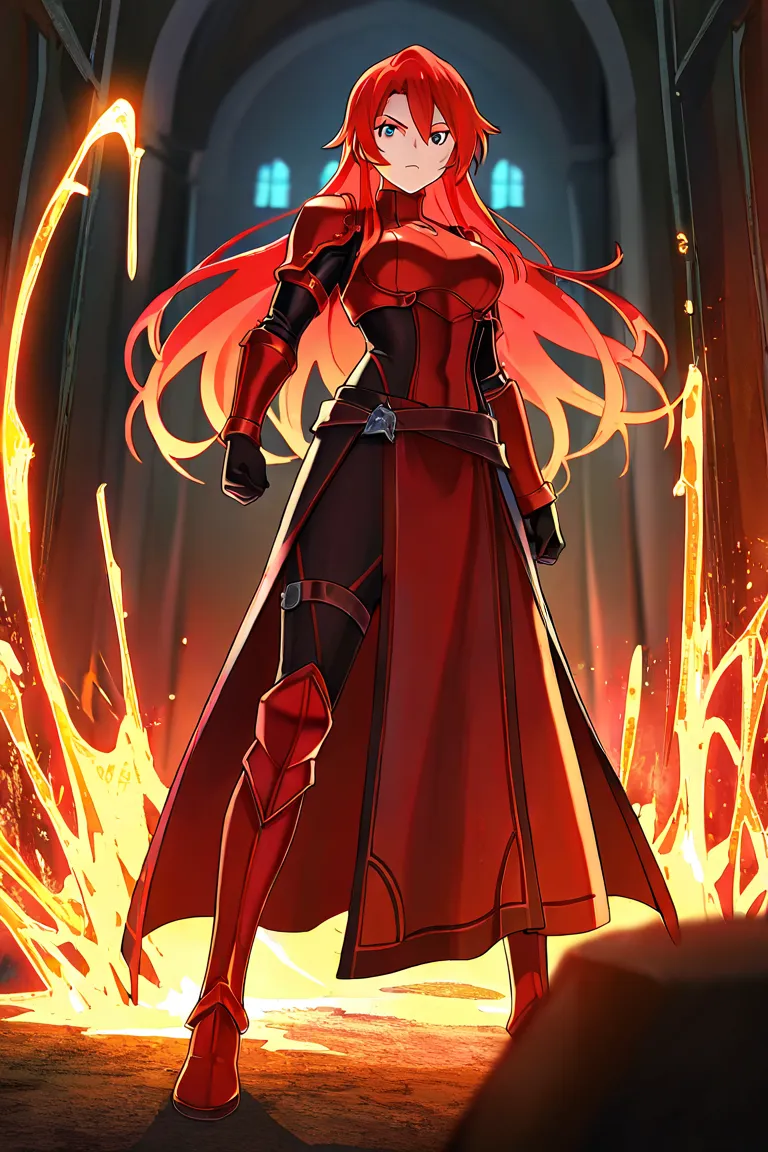 4K anime style quality, digital drawing mode, a strong and determined goddess with long crimson hair, wearing a blacksmith’s tight-fitting outfit, standing inside a grand forge with molten metal and sparks flying, full body, focused and powerful stance, ci...