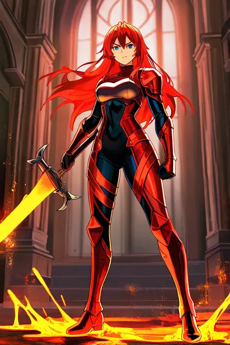 4K anime style quality, digital drawing mode, a strong and determined goddess with long crimson hair, wearing a blacksmith’s tight-fitting outfit, standing inside a grand forge with molten metal and sparks flying, full body, focused and powerful stance, ci...