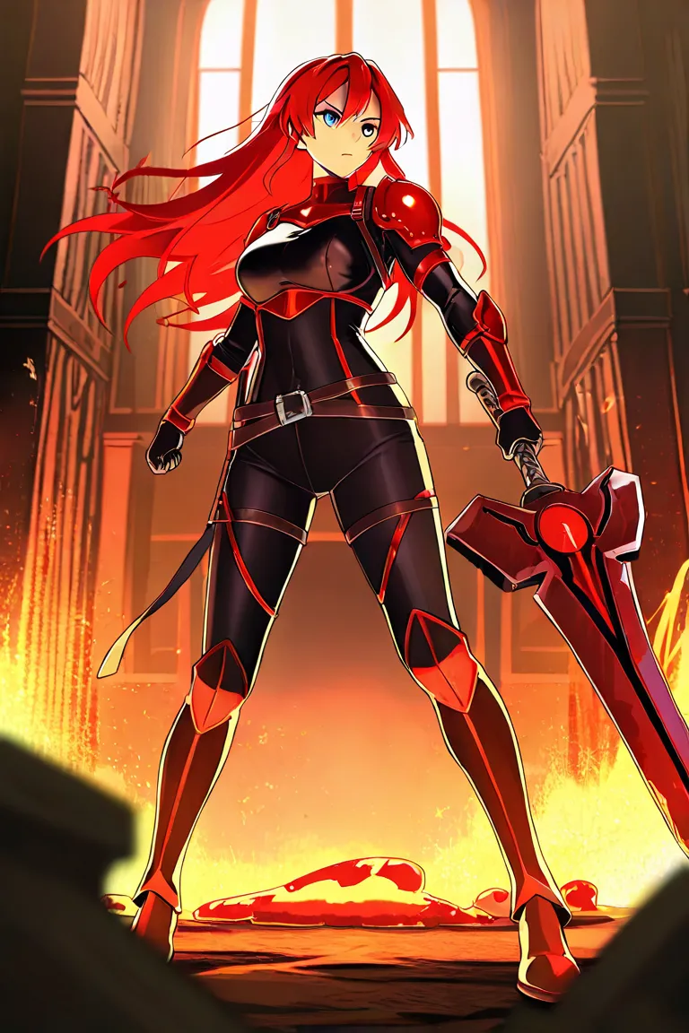 4K anime style quality, digital drawing mode, a strong and determined goddess with long crimson hair, wearing a blacksmith’s tight-fitting outfit, standing inside a grand forge with molten metal and sparks flying, full body, focused and powerful stance, ci...