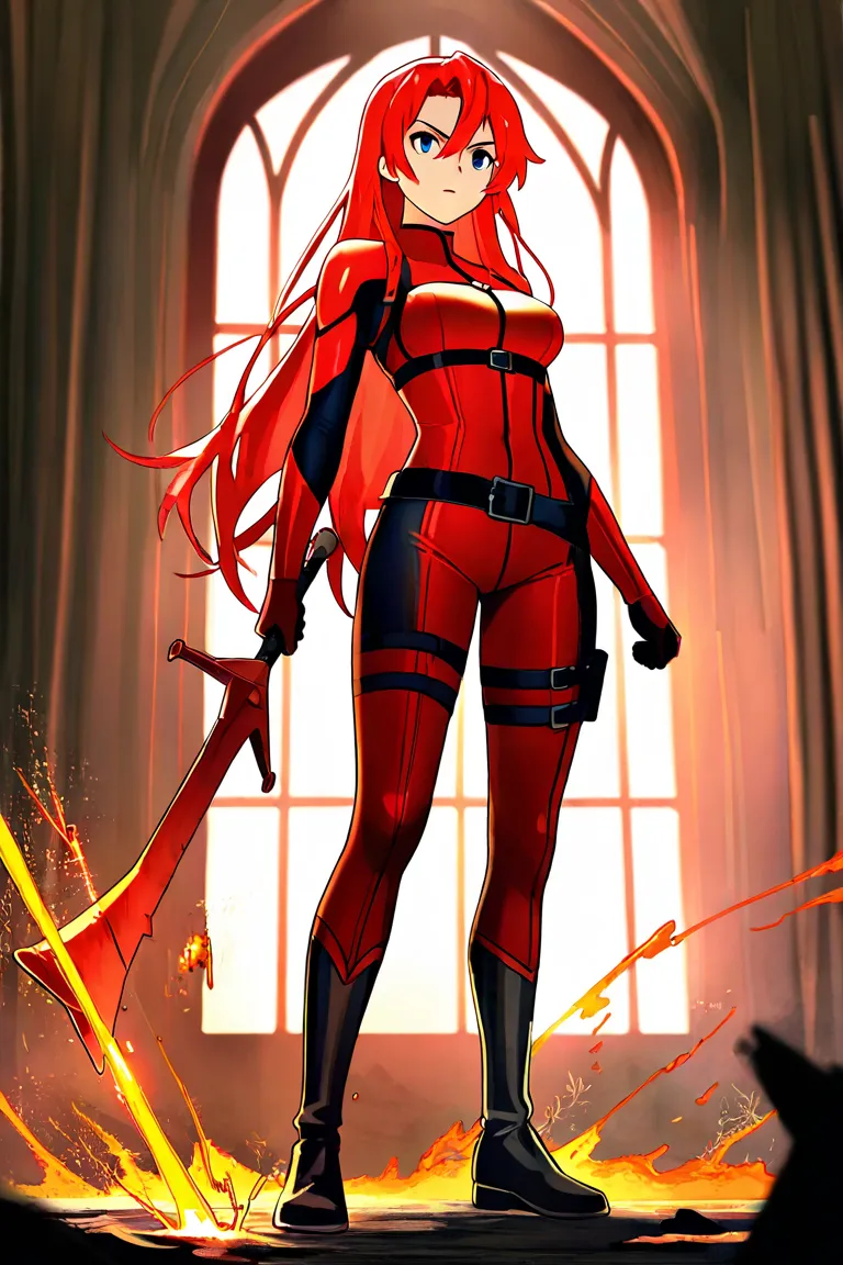 4K anime style quality, digital drawing mode, a strong and determined goddess with long crimson hair, wearing a blacksmith’s tight-fitting outfit, standing inside a grand forge with molten metal and sparks flying, full body, focused and powerful stance, ci...