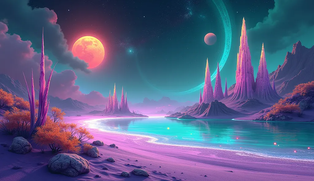 Create a breathtaking digital artwork of an alien planet glowing with unearthly beauty. The planet’s surface is a vast, shimmering expanse of violet sand dunes, rippling under a sky of swirling teal and magenta nebulae. Towering, crystalline spires of tran...