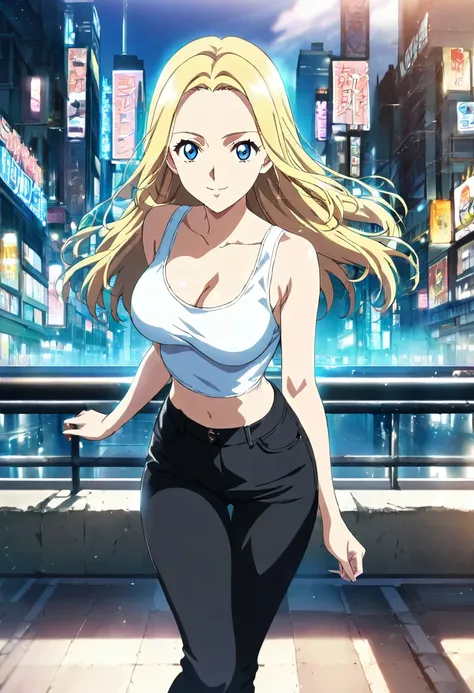 1girl, blonde hair, long hair, blue eyes, forehead, breast, black pants, white tank top, cleavage, midriff, navle, smile, city, mouth open, standing, black jeans, Looking at viewer, High Resolution, Anime Style, standing,
