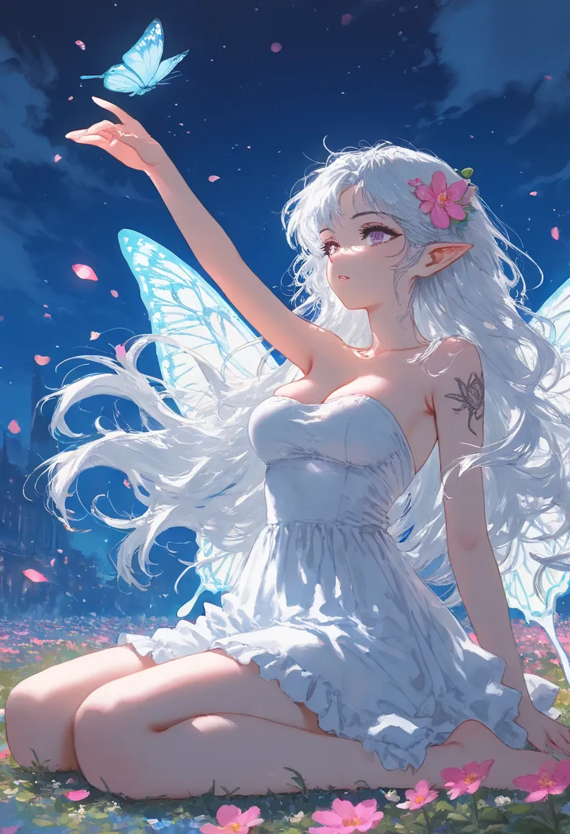 1girl, solo, long hair, breasts, bangs, hair ornament, dress, cleavage, bare shoulders, medium breasts, sitting, very long hair, purple eyes, full body, flower, white hair, parted lips, wings, sky, barefoot, pointy ears, hair flower, armpits, white dress, ...