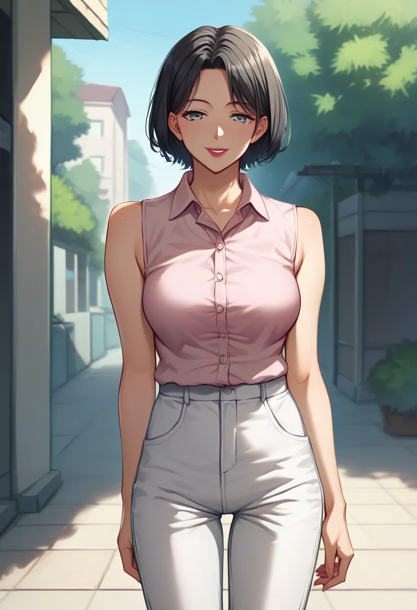 masterpiece,best quality,good quality,newest,
outdoors,,day,
smile,
looking at viewer,
solo,
anime coloring, nagasaw_asami\(nanimoshiranai\),1girl,mature_female,black hair,bob_cut,black grey eyes,lipstick,
collared_shirt,pink shirt,sleeveless, white pants,...