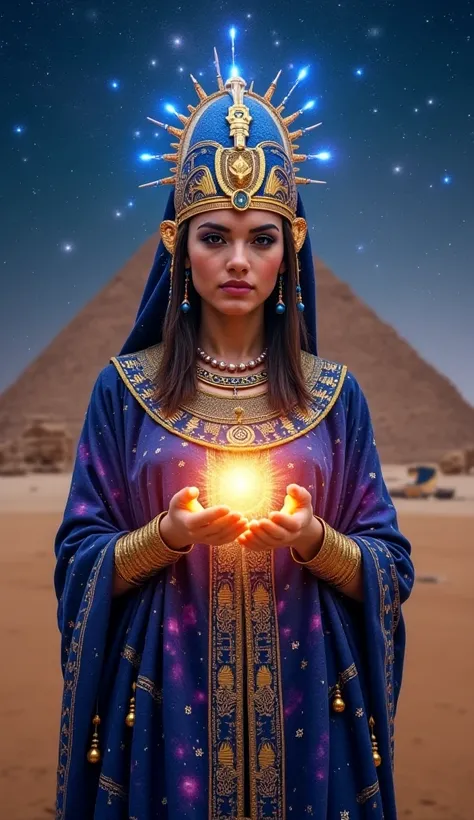 "An ethereal Galaxy Priestess stands before the Great Pyramids of Giza, her golden headdress adorned with constellations. Her deep blue and violet robes resemble the cosmos, embroidered with glowing hieroglyphs that pulse with energy. Her piercing gaze glo...