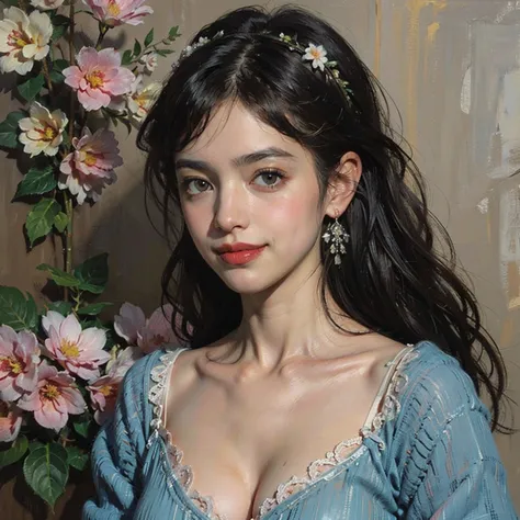 oil painting of a beautiful Indonesian girl with seductive red lips leaning in front of a brick wall, her face is visible from her eyes to her lips. She smiles shyly, wear black underwear, and Balinese frangipani flowers are tucked between her hair and ear...