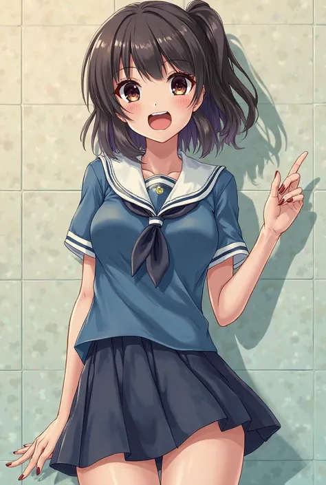 brainwashed upper body is a blue short sleeve sailor suit　high school girl with navy blue racing bra lower body
Japanese women with big breasts　Heavy eye makeup　Growing Fangs　Nails get longer too　tri-fold socks and loafers　smile mysteriously 　
Full body im...