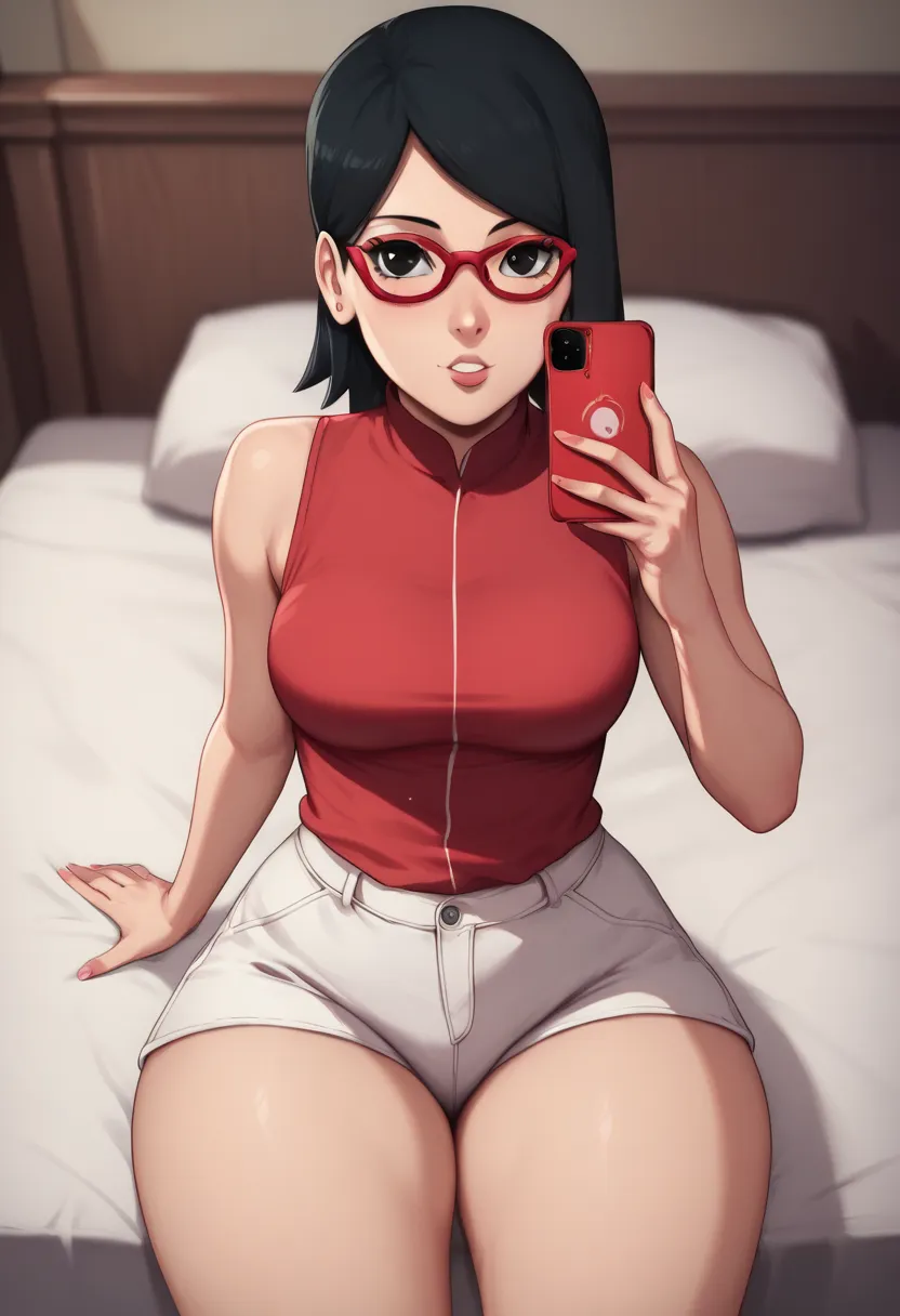 Sarado Uchiha short black hair black eyes red glasses medium tits red sleeveless blouse sarado abdomen thick thighs white shorts inside the bedroom with cell phone in hand sexy