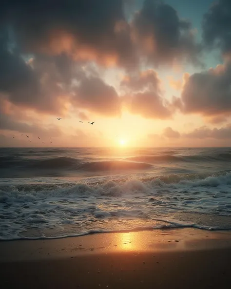 A peaceful sunrise over the shoreline, where golden waves gently kiss the soft sand. The sky is a mix of pink, orange, and deep blue, reflecting perfectly on the wet beach. Seagulls glide in the distance, creating a calming and dreamy atmosphere.