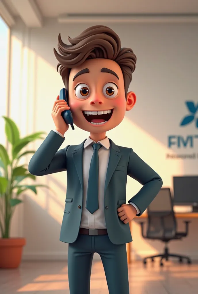 Create 3D Cartoon Images A young man in an office, happily talking to a client over the phone. A logo on the wall represents his startup. He is looking successful and confident