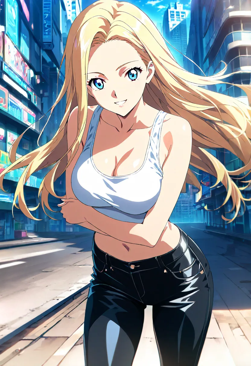 1girl, blonde hair, long hair, blue eyes, forehead, breast, black pants, white tank top, cleavage, midriff, navle, smile, city, mouth open, standing, black jeans, Looking at viewer, High Resolution, Anime Style, standing,
Masterpiece, High Resolution, High...